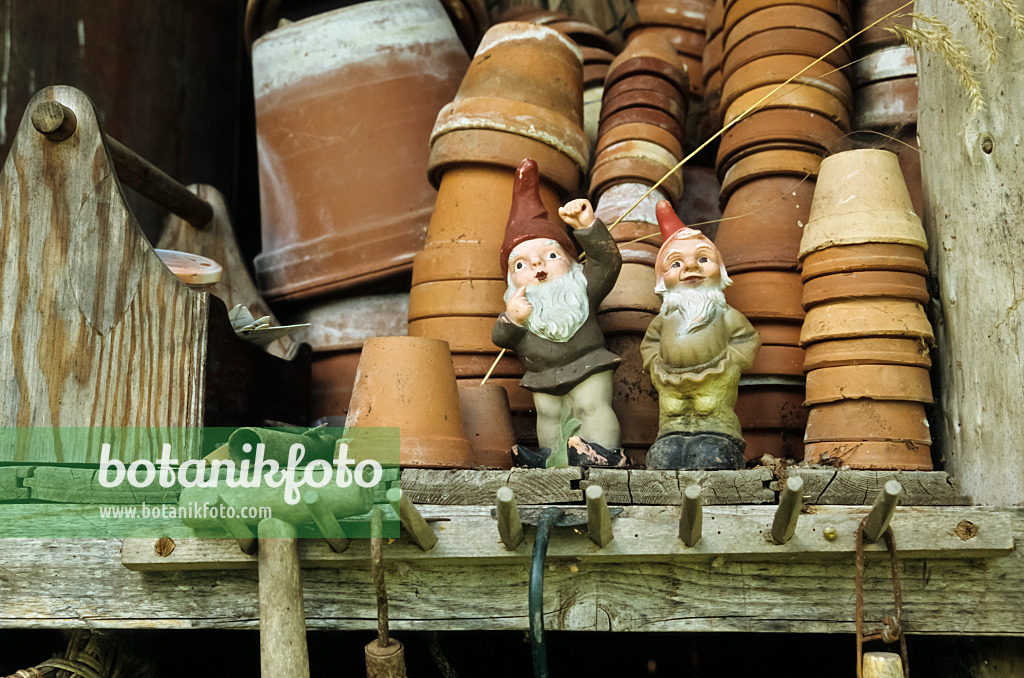 429258 - Stacked flower pots and two garden gnomes in an old wooden rack