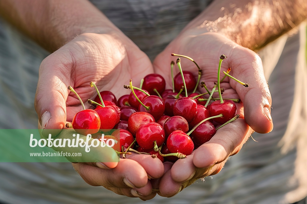 667034 - Un homme tient des cerises rouges fraîches dans ses mains