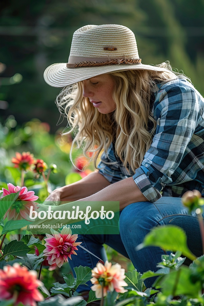 667019 - Une femme blonde coupe des dahlias