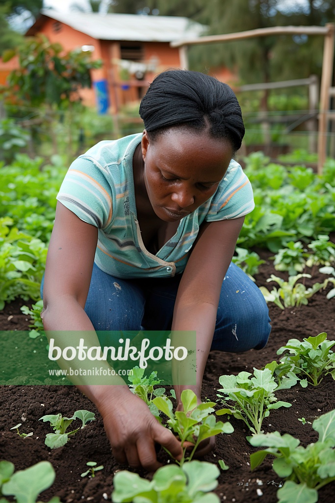 667007 - Une femme entretient un potager dans son jardin