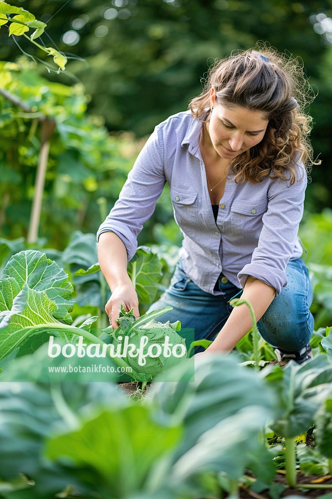 667027 - Une femme récolte des choux-raves dans son potager
