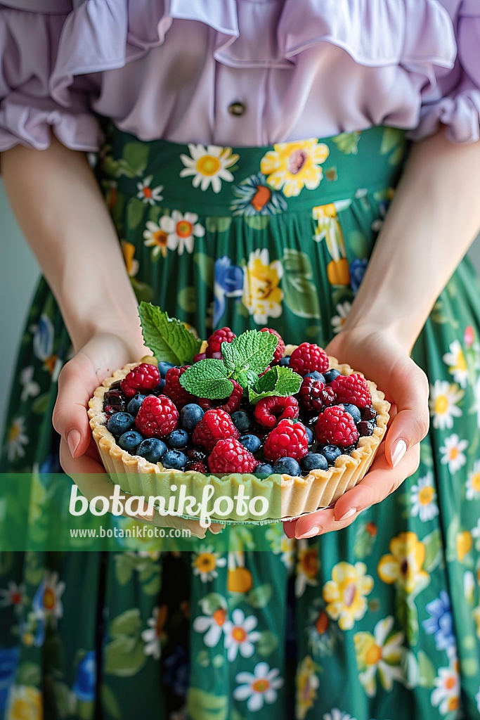 667042 - Une femme tient dans ses mains un gâteau aux framboises, aux myrtilles et aux feuilles de menthe.