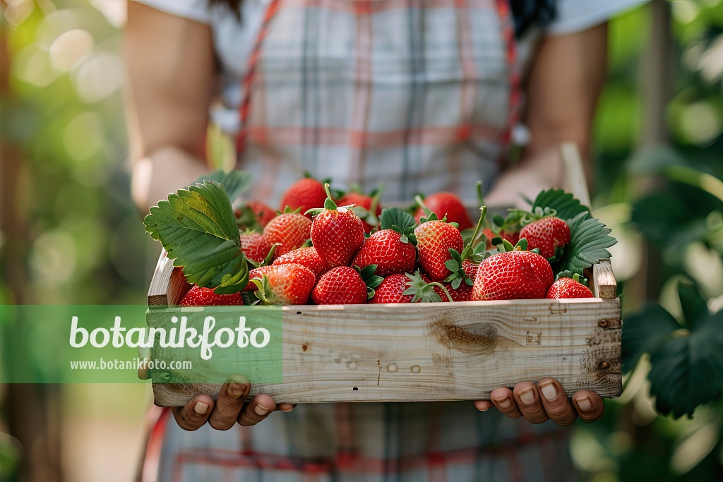 667001 - Une horticultrice tient une caisse en bois plate avec des fraises mûres