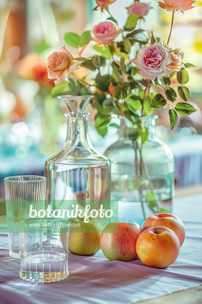 667040 - Vase avec des roses, à côté de pommes sur une nappe