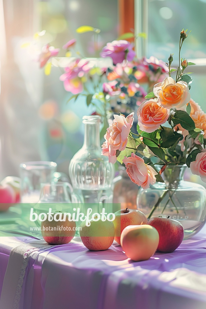 667041 - Vase avec des roses, à côté de pommes sur une nappe