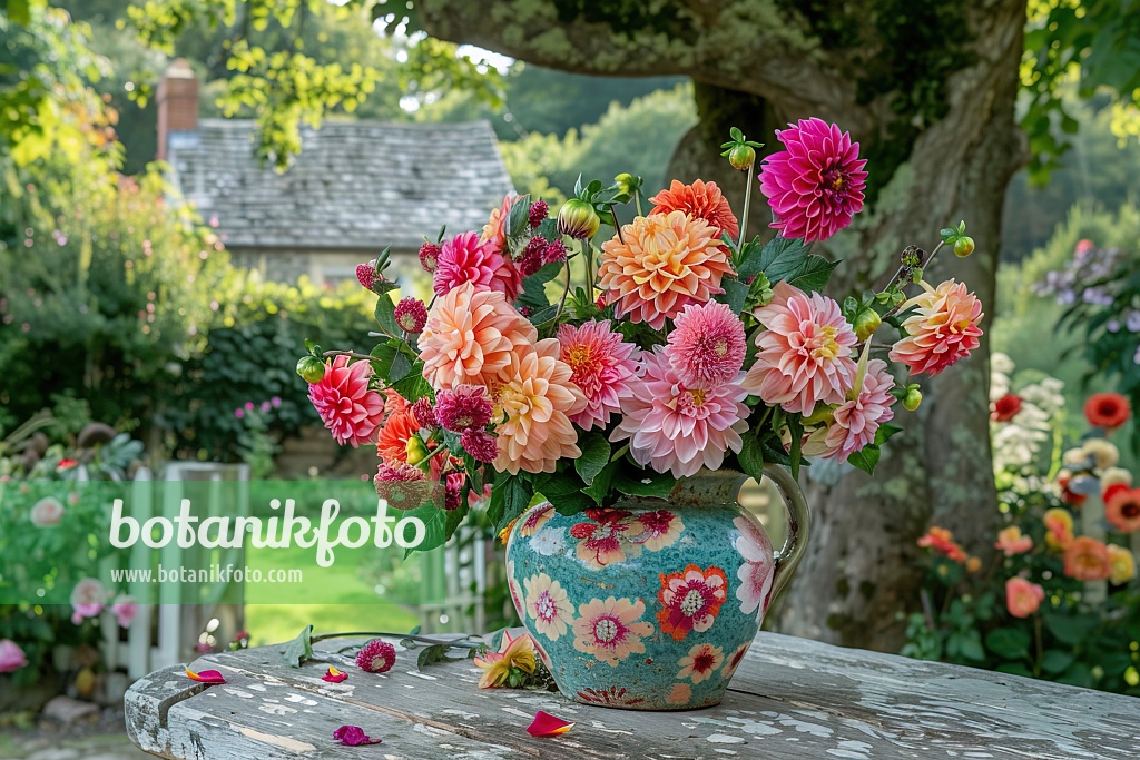 667003 - Vase with dahlias on a rustic table in an English cottage garden