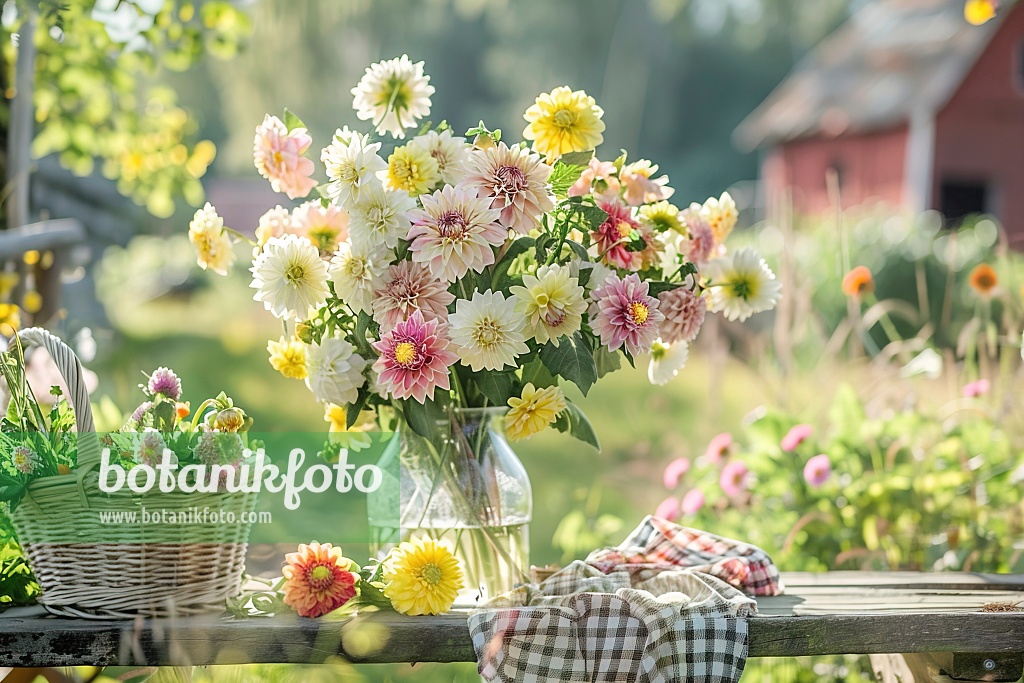 667004 - Vase with dahlias on a rustic table in an English cottage garden