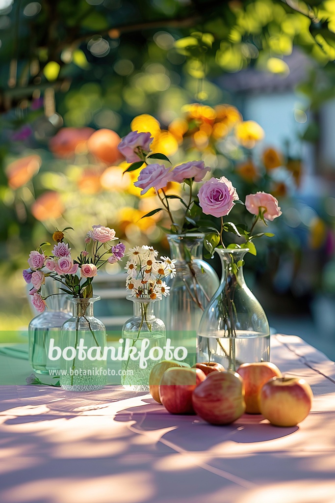667039 - Vase with roses, next to it apples on a tablecloth