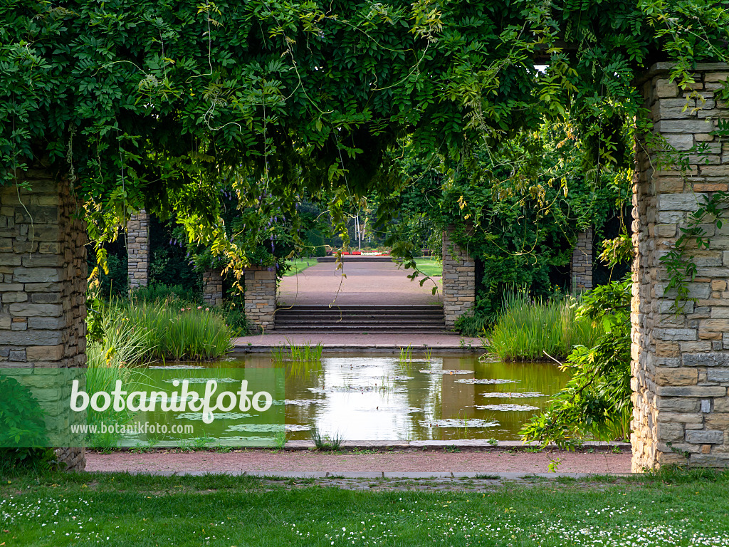 427129 - Water garden with pergola with square pillars made of boulders, Nordpark, Düsseldorf, Germany