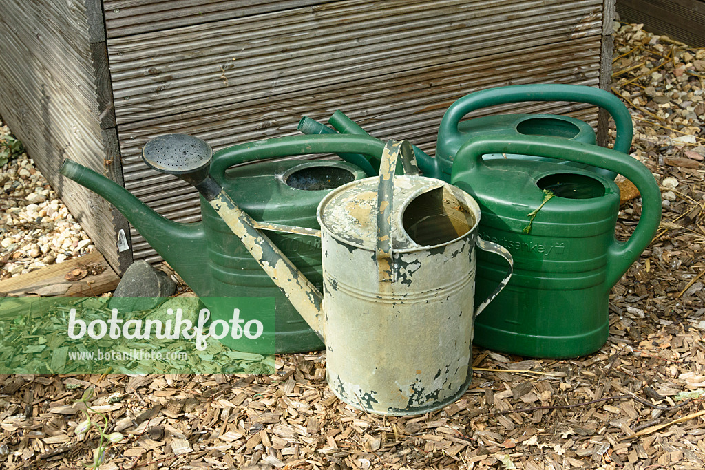 558004 - Watering cans made of sheet metal and plastic in front of a raised bed