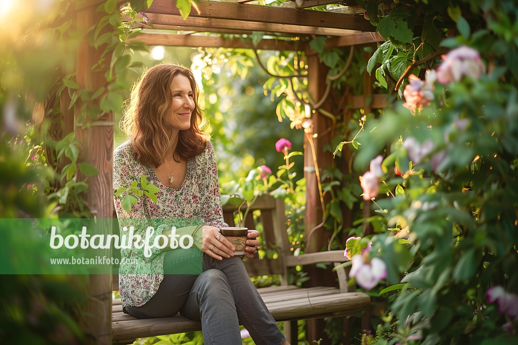 667055 - Woman enjoying coffee on a bench under a pergola