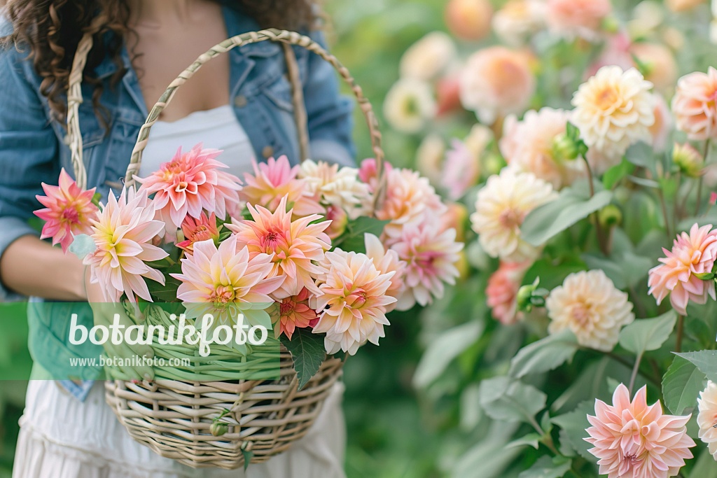 667025 - Woman holding basket with dahlias
