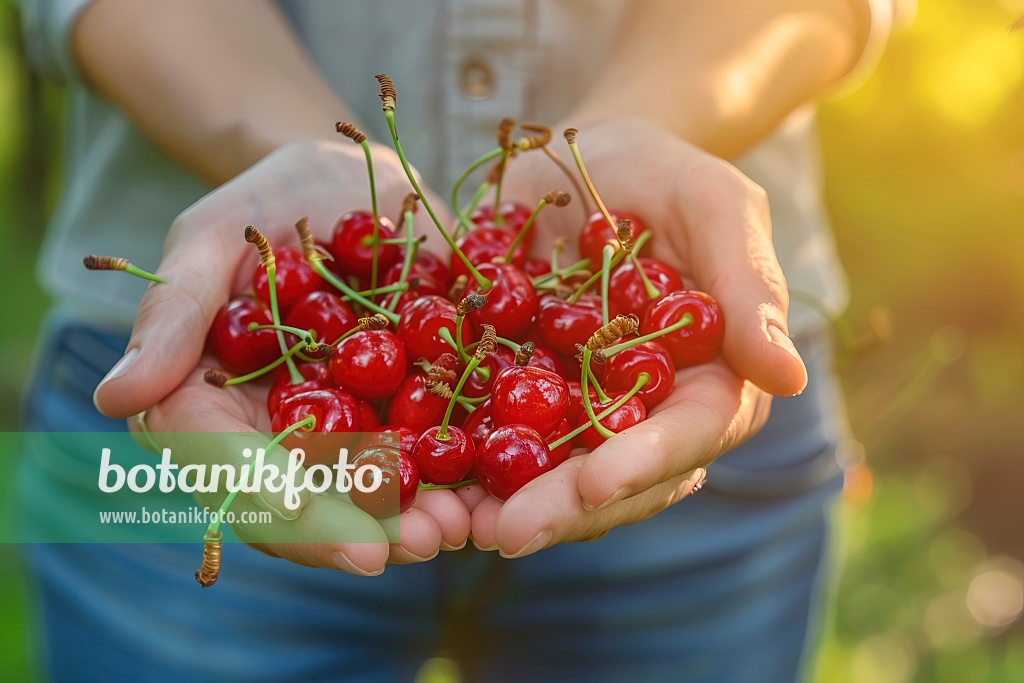 667038 - Woman holding fresh red cherries in her hands