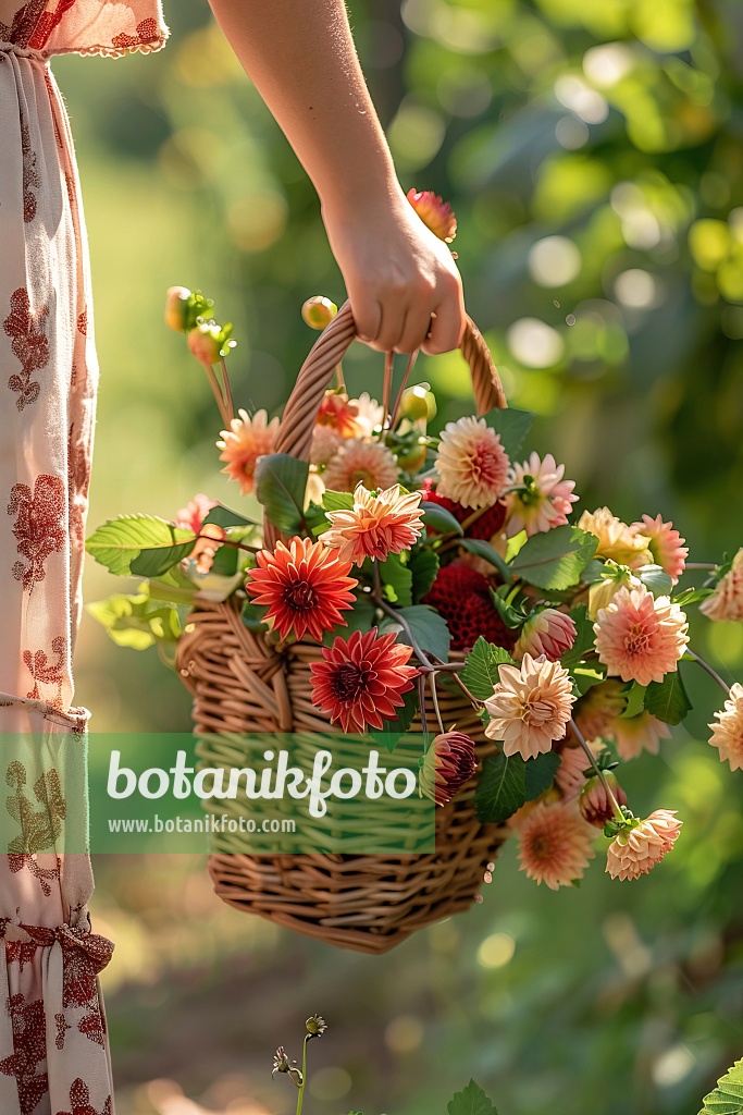 667023 - Woman in summer dress carries basket with dahlias