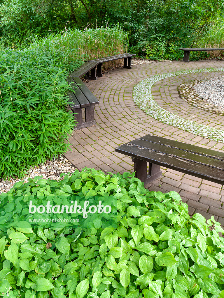 463047 - Wooden benches on a rondell made of red bricks and paving stones in a shady garden