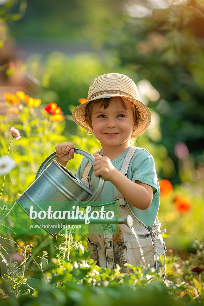 667017 - Young gardener waters plants with a watering can