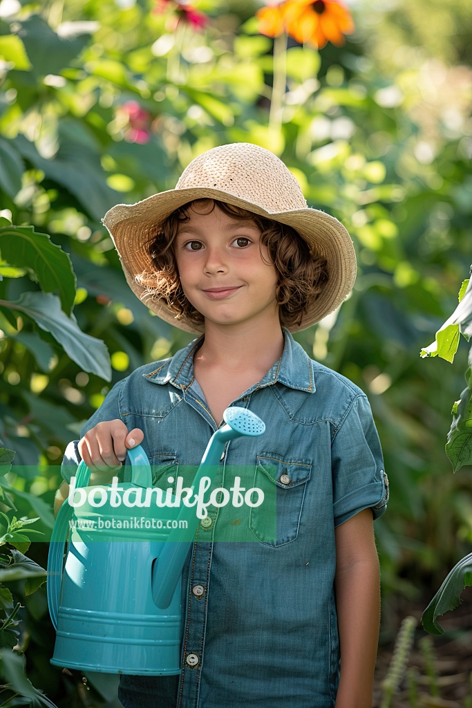 667018 - Young gardener waters plants with a watering can