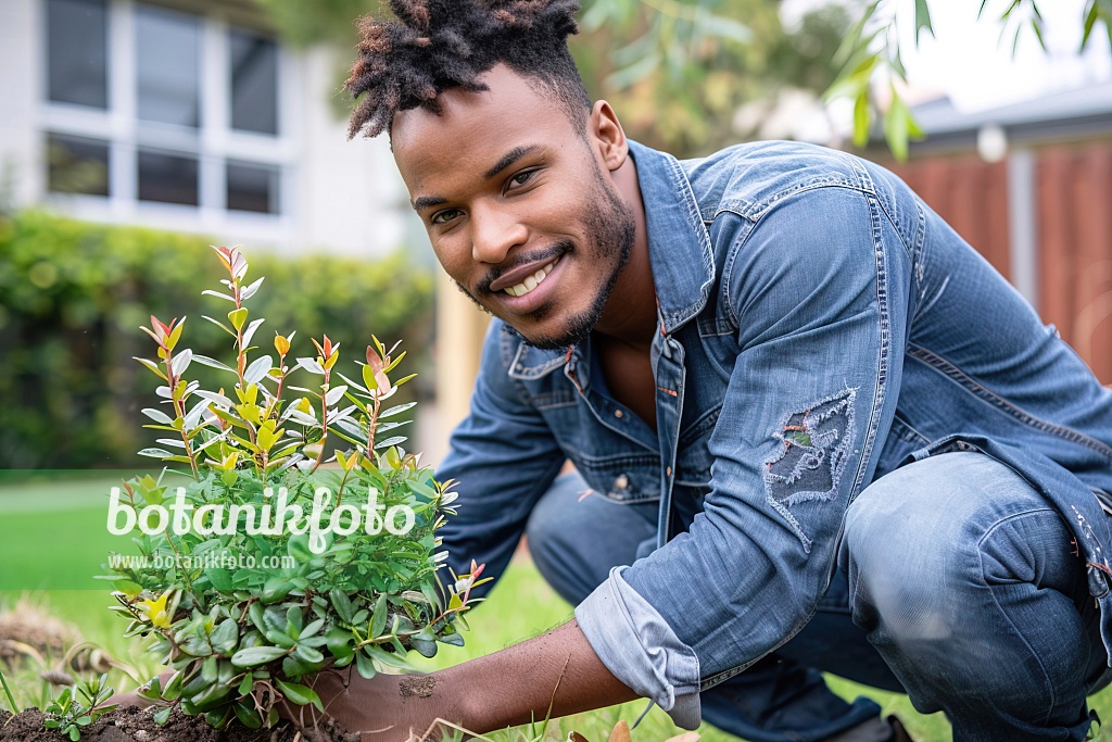 667014 - Young man plants a shrub