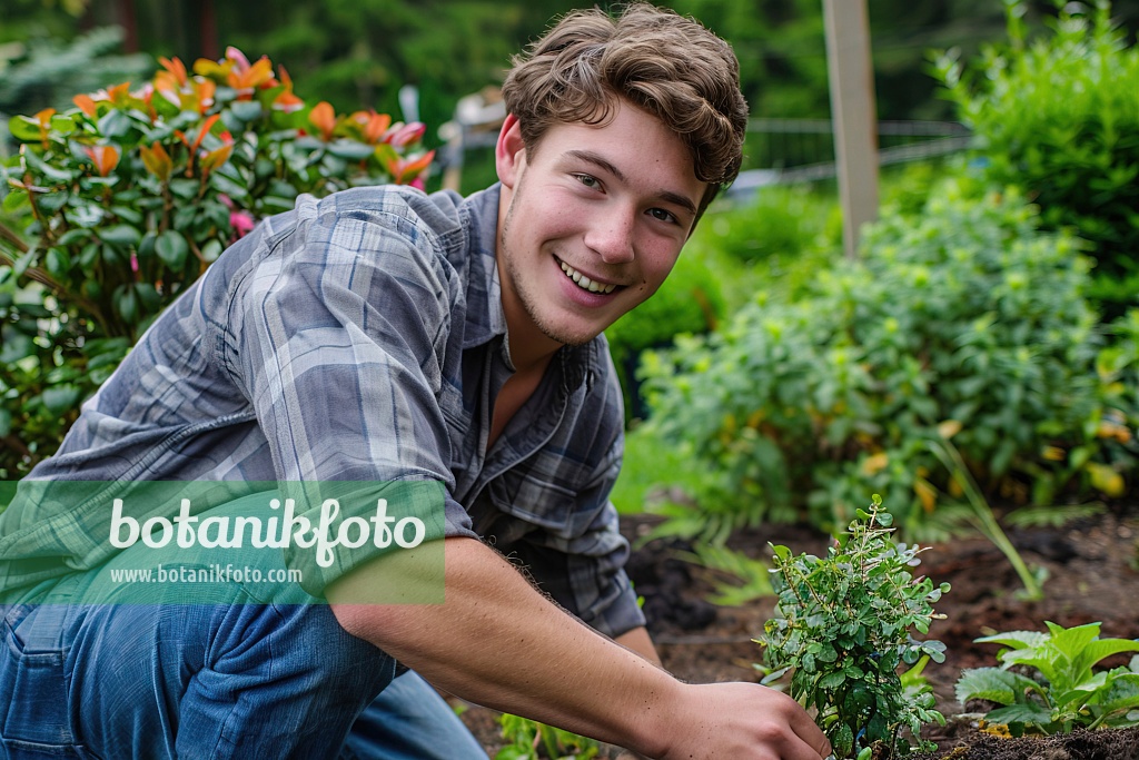 667015 - Young man plants a shrub