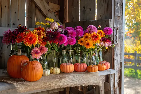 667067 - Autumn decorations with pumpkins and glass vases with dahlias