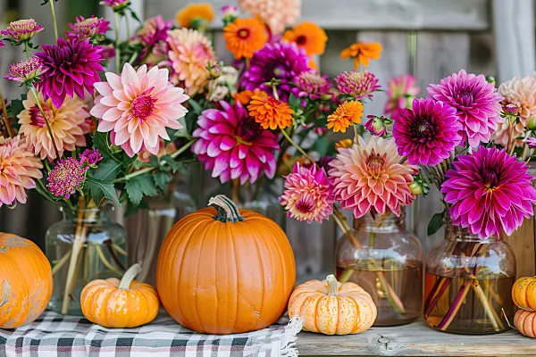 667068 - Autumn decorations with pumpkins and glass vases with dahlias