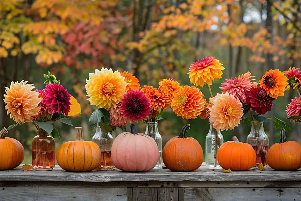 667070 - Autumn decorations with pumpkins and glass vases with dahlias