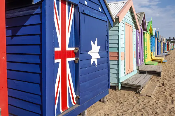 455179 - Beach hut with Australian flag, Brighton, Australia