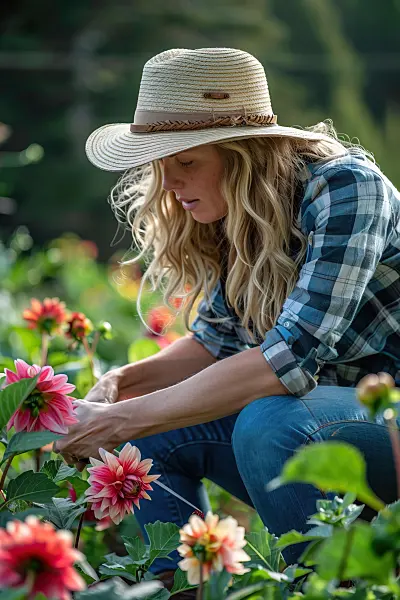 667019 - Blonde woman cuts dahlias