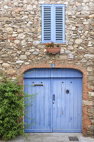 569051 - Blue doors and shutters at an old town house, Grimaud, France