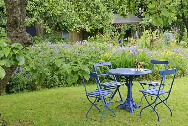 518037 - Blue garden chairs and tables in a perennial garden with Siberian iris (Iris sibirica) and cranesbills (Geranium)