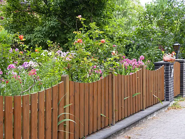 474517 - Brown wooden slatted fence with bows in front of a flowering perennial garden