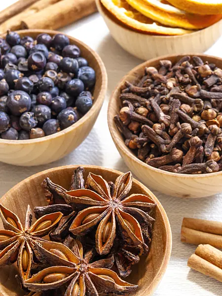 444079 - Chinese star anise (Illicium verum), clove (Syzygium aromaticum) and common juniper (Juniperus communis)