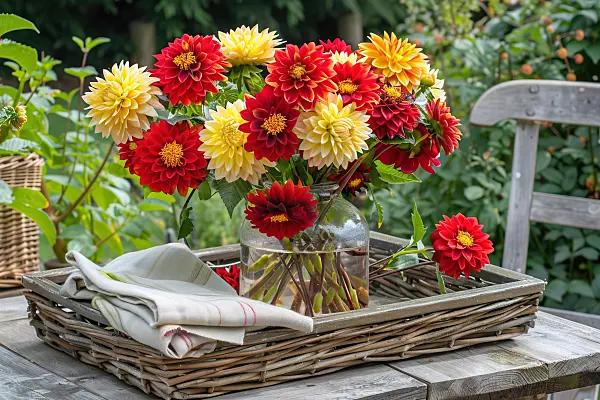 667009 - Colorful dahlias in a glass vase on a garden table