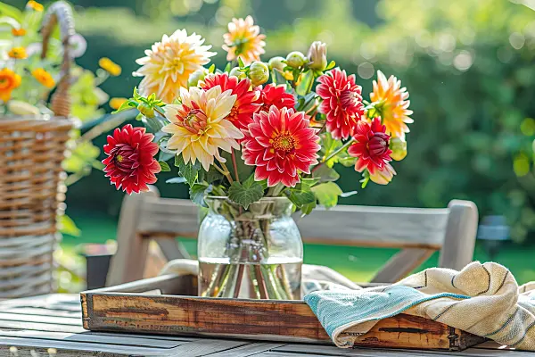 667010 - Colorful dahlias in a glass vase on a garden table