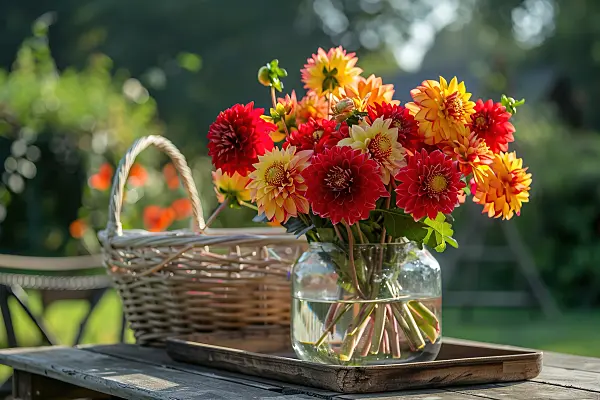 667011 - Colorful dahlias in a glass vase on a garden table