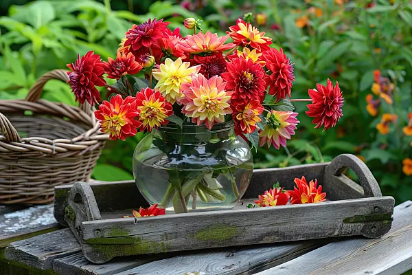 667012 - Colorful dahlias in a glass vase on a garden table