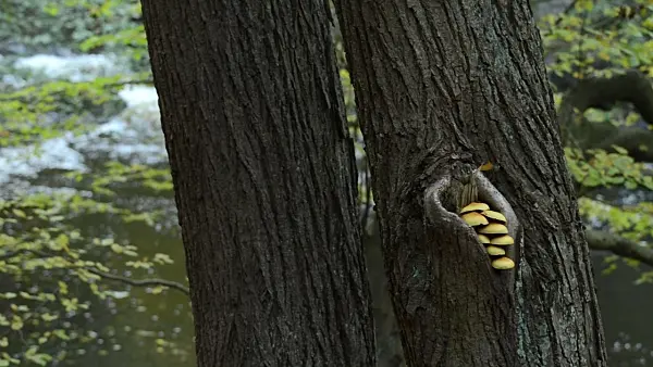 501237 - Common hornbeam (Carpinus betulus) with fungi at a mountain brook