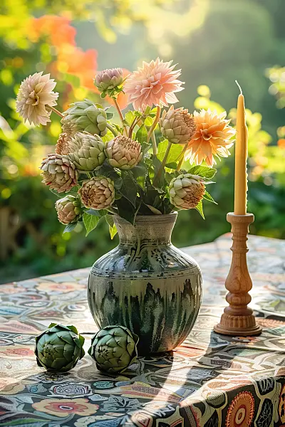667020 - Dahlias et artichauts sur une table de jardin avec une bougie allumée à côté