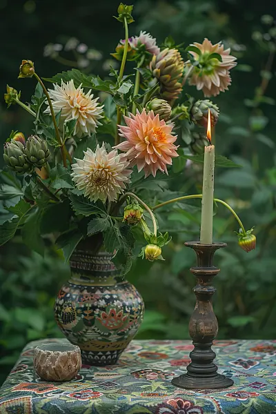 667021 - Dahlias et artichauts sur une table de jardin avec une bougie allumée à côté