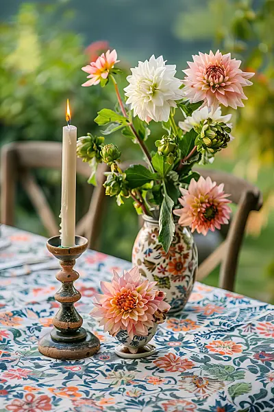 667030 - Dahlias et artichauts sur une table de jardin avec une bougie allumée à côté