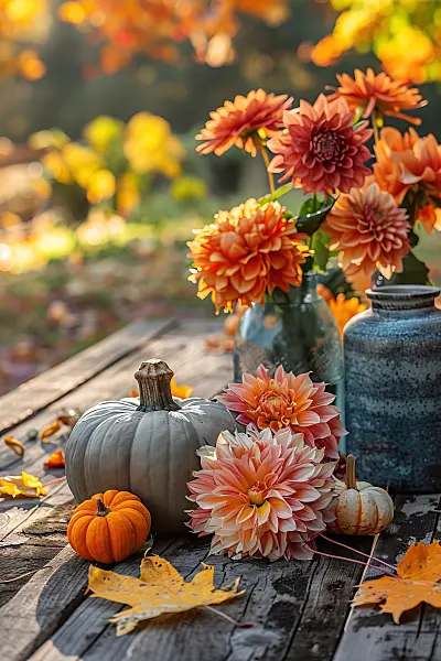 667069 - Décoration automnale avec des citrouilles et des vases avec des dahlias