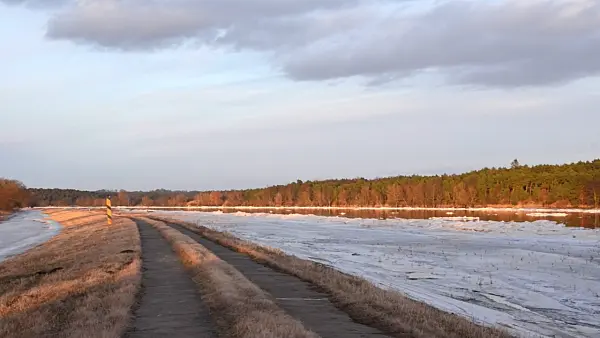 505145 - Dike and flooded polder meadow at Oder River, Lower Oder Valley National Park, Germany