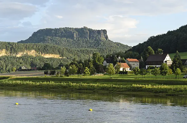 499019 - Elbe River near Kurort Rathen with view of Lilienstein Mountain, Saxon Switzerland, Germany