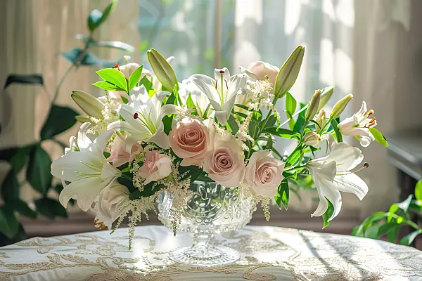 667045 - Elégant bouquet de lys blancs et de roses roses