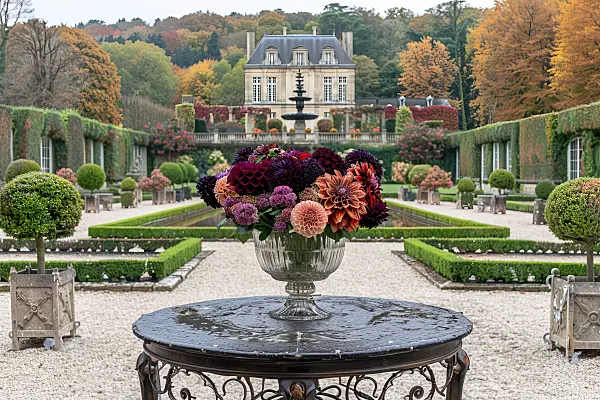 667031 - Elégant vase en cristal avec des dahlias sur une table décorée dans un jardin français