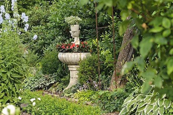 486028 - Euphorbe (Euphorbia hypericifolia 'Diamond Frost') et balsamine (Impatiens walleriana) dans une fontaine