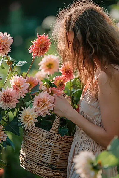 667022 - Femme en robe d'été portant une corbeille de dahlias