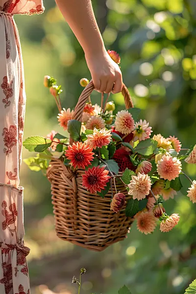 667023 - Femme en robe d'été portant une corbeille de dahlias