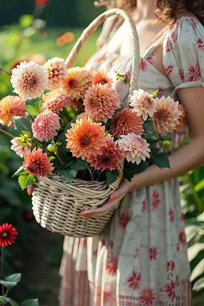 667024 - Femme en robe d'été portant une corbeille de dahlias