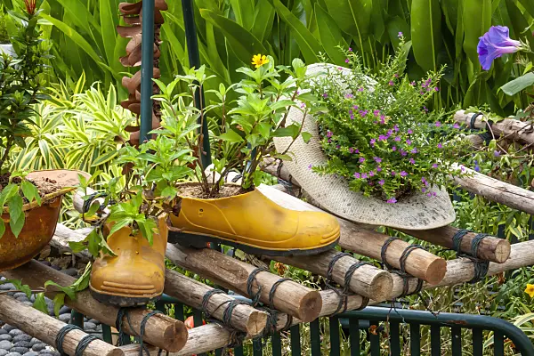455414 - Flower pots made of used shoes and helmets